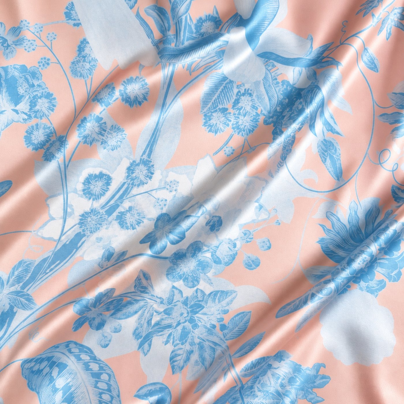 Sunwake print: peach with delft-blue botanicals