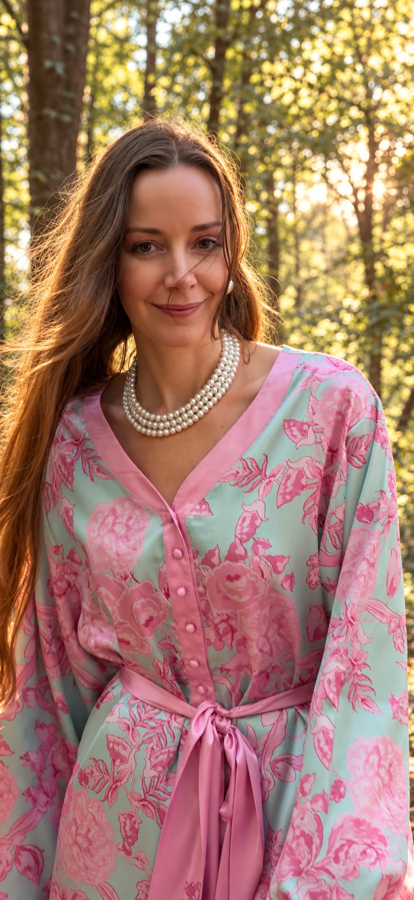 Woman in a mint and pink floral kaftan and pearls, smiling at the camera in forest light