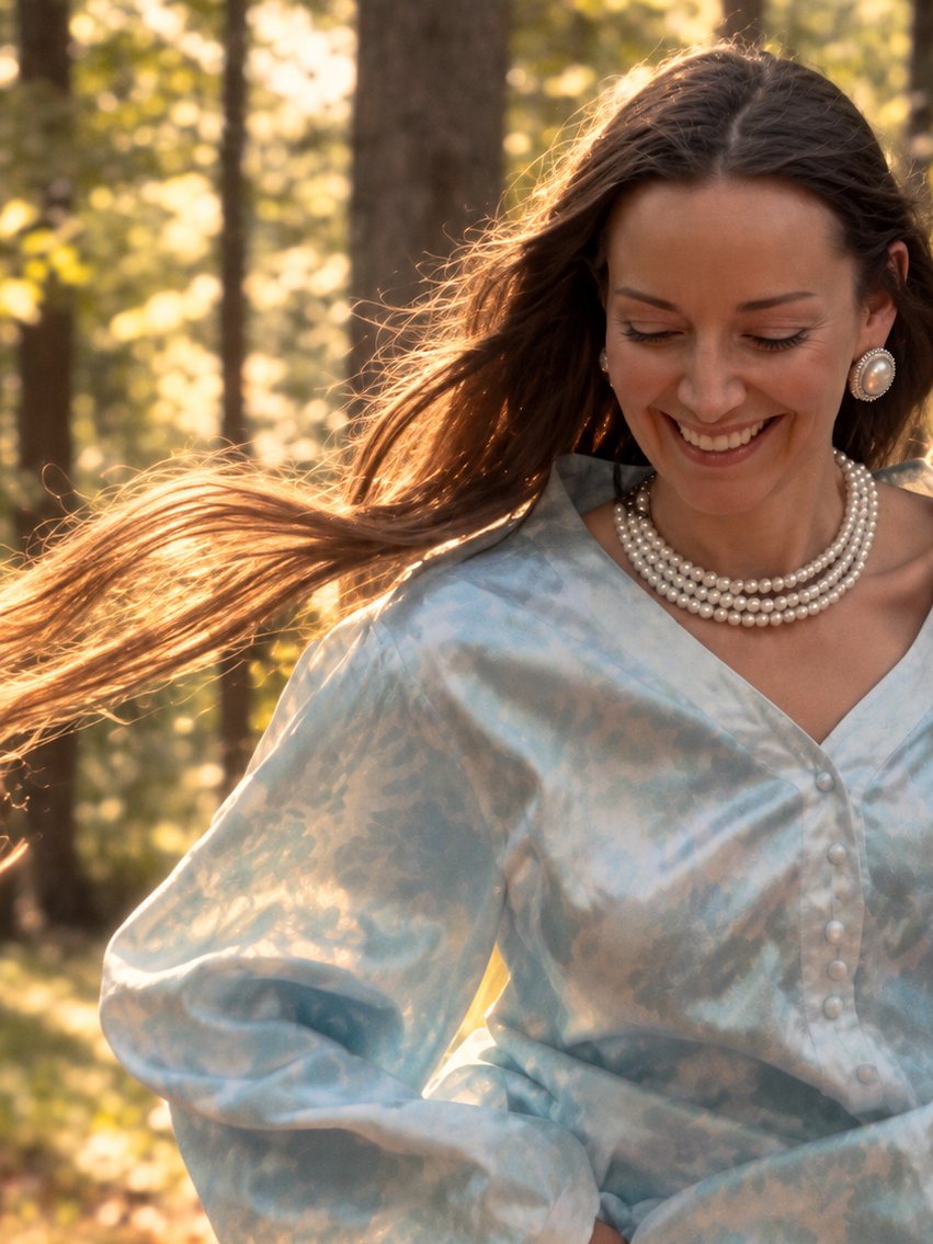 Pale blue floral kaftan worn in a sunlit forest