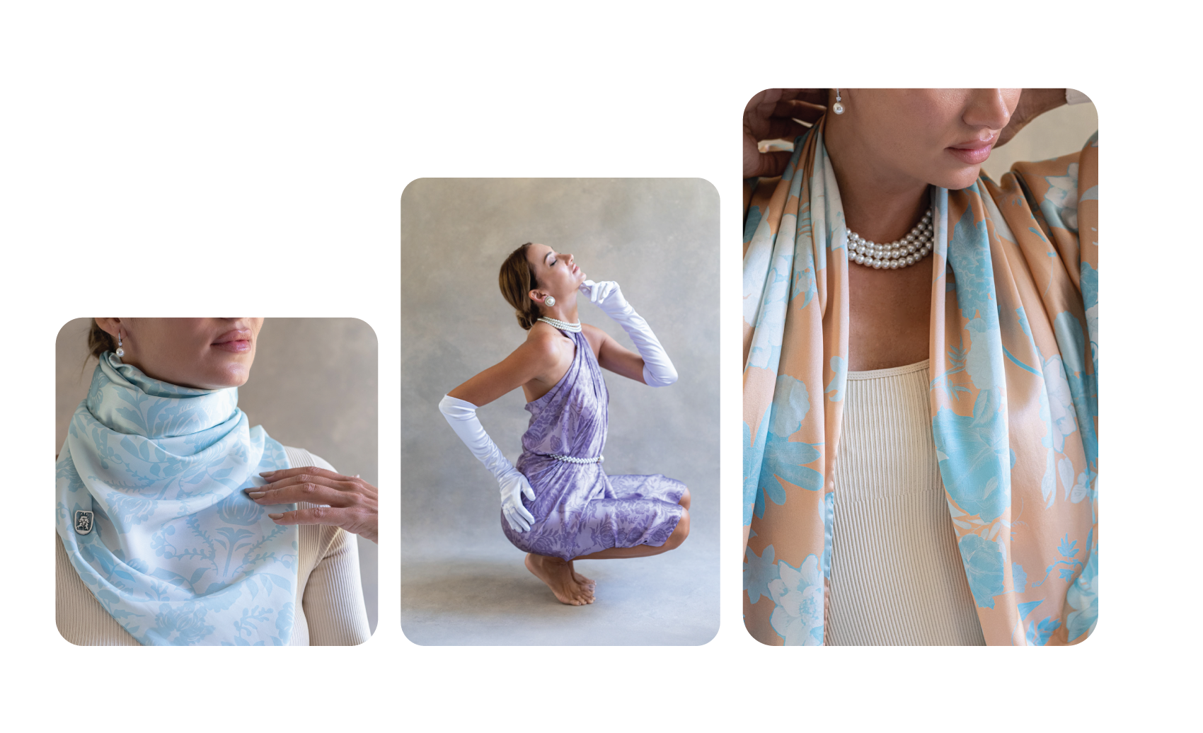 3 images showcasing blue, purple, and blue and orange sarong pareo patterns, two close up shots and one full body pose