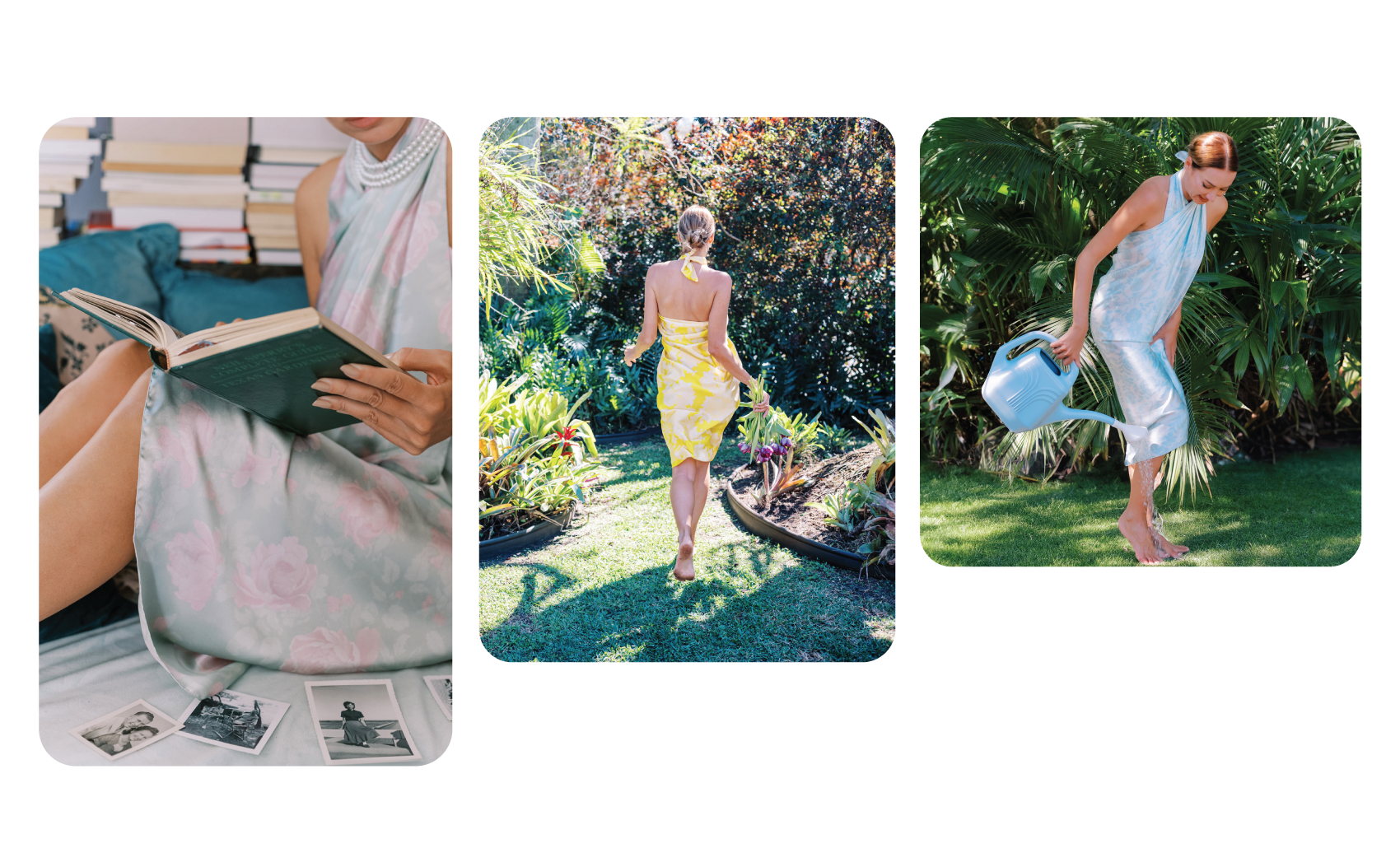 Three lifestyle images of women wearing sarong pareo dresses, reading book and in the garden