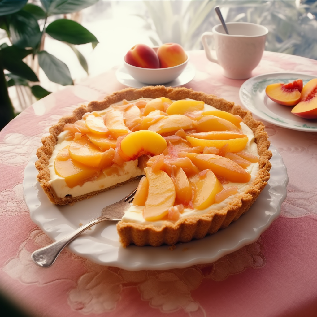 Close-up image of a freshly baked peaches and cream pie, showing the creamy filling and juicy peach slices garnished on top, served on a dreamy table setting