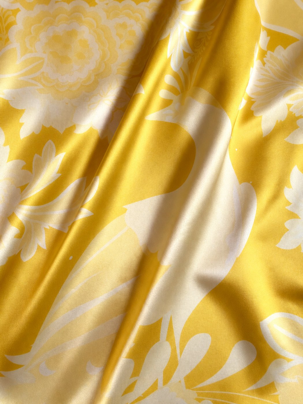 Sol Return print: butter-yellow silk with a cream damask