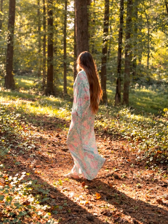 Mint rose kaftan, walking a sunlit forest path
