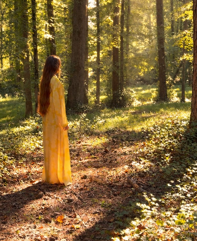 Woman in a yellow kaftan standing with her back turned in a sunlit forest