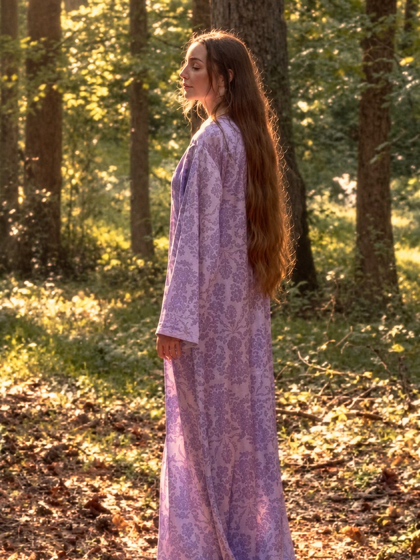 Lilac damask kaftan worn in a sunlit forest