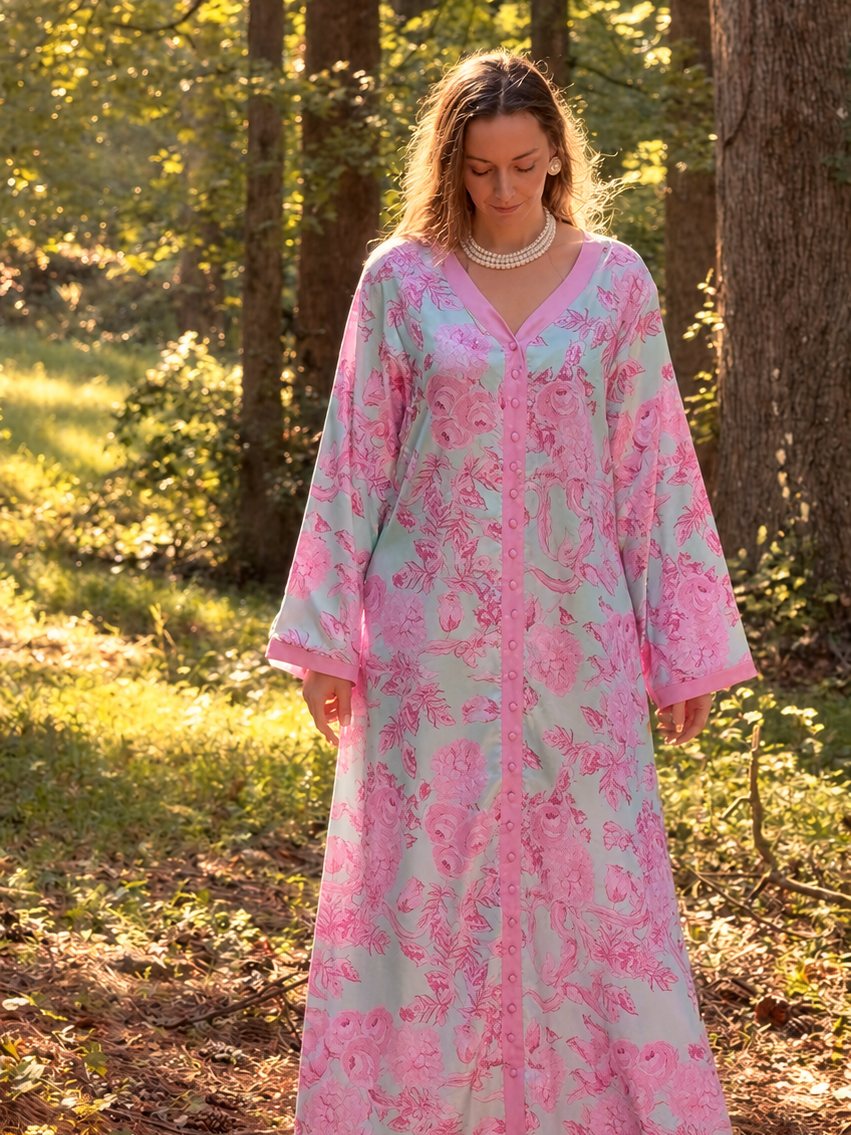 Pink and blue floral kaftan worn in a sunlit forest