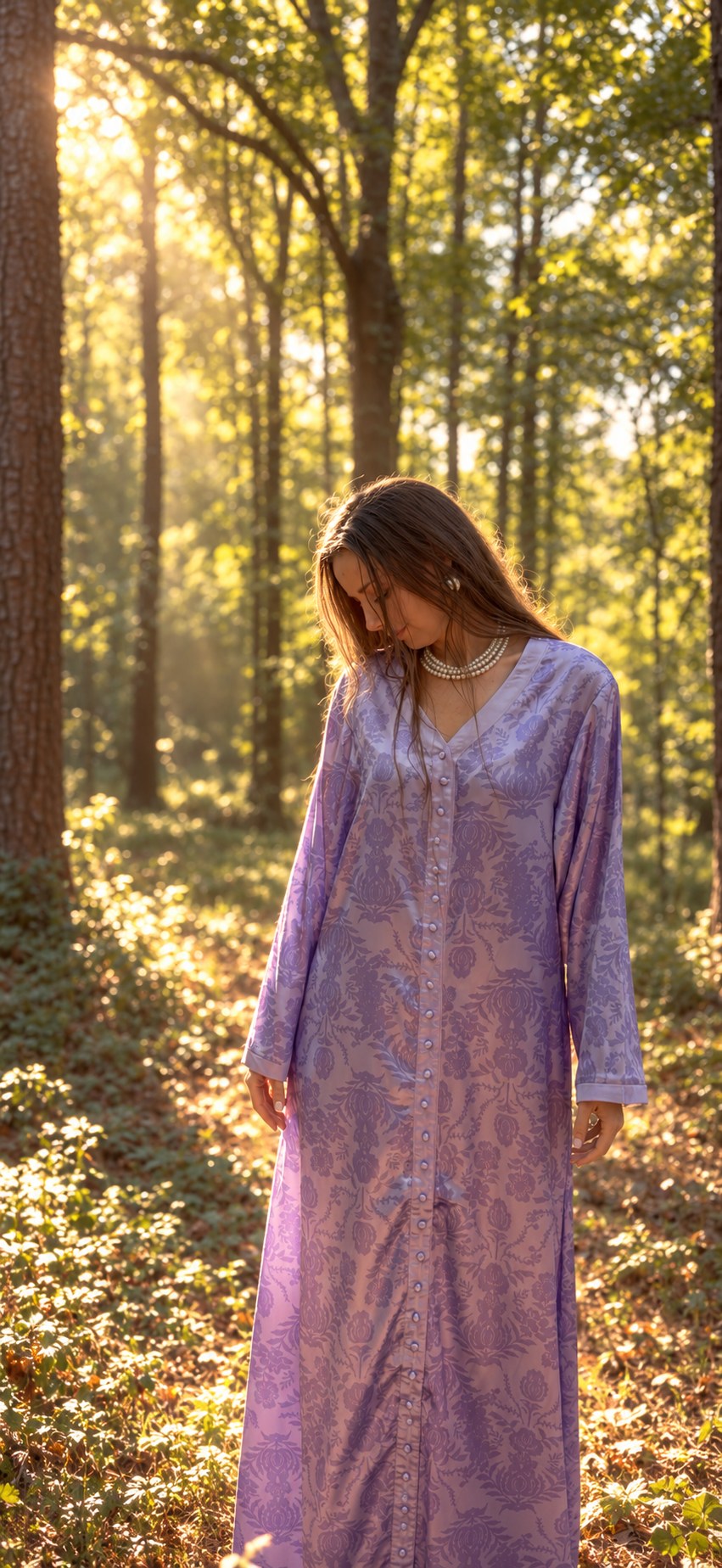Woman in a lilac damask kaftan and pearls, standing in a sunlit forest